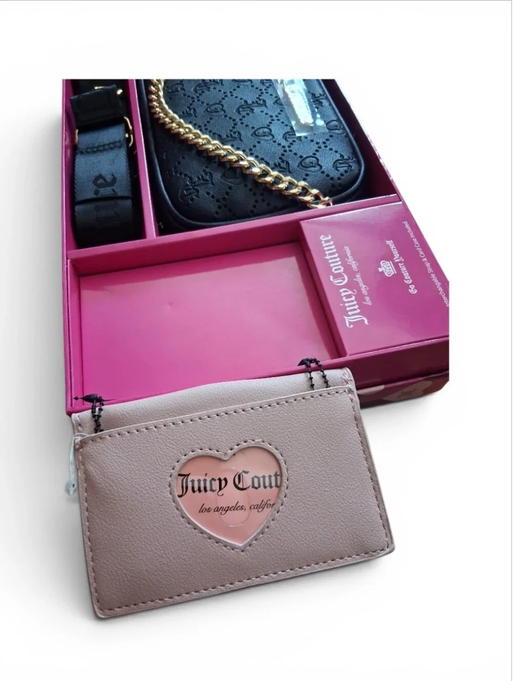 🆕️ Juicy Couture Black Quilted Crossbody (Camera bag) Pink Envelope Card Holder